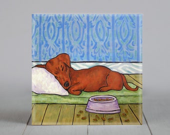 Dachshund sleeping with dog bowl animal dog art tile coaster gift - multiple sizes