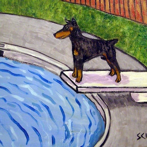 Doberman Pinscher at the Pool Dog Art Print on ready to hang gallery wrapped canvas - multiple sizes available - animal decor