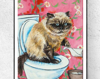 Burmese cat in the bathroom animal art artwork print - stretched canvas or matte paper print - multiple sizes