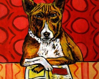 Basenji art, basenji print on tile, ceramic coaster, gift for librarian, modern folk art, pop art, dog print, dog gift,