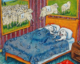Great Pyrenees dog counting sheep art coaster tile gift