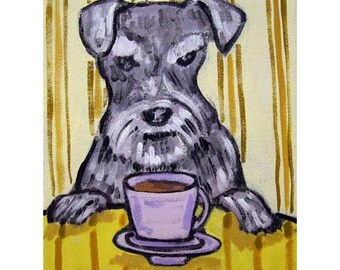 schnauzer at the coffee shop dog art print  - stretched canvas or paper print = multiple sizes available