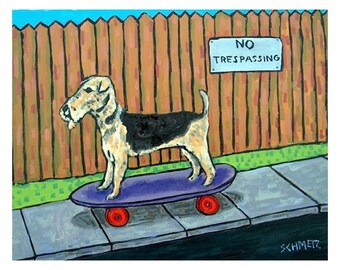 Airedale Terrier Riding a Skateboard Dog Art Print - canvas or paper print - multiple sizes