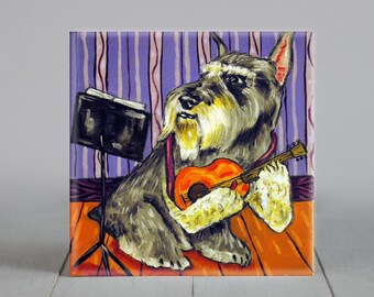 Schnauzer coaster dog art tile guitar player gift - multiple sizes - birthday gift fathers day gift guitarist lover gift