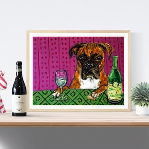 boxer dog gift wine art print - streched canvas or paper print - dog home decor
