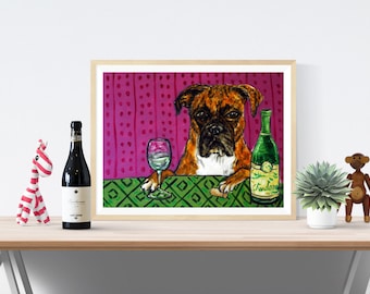 boxer dog gift wine art print - streched canvas or paper print - dog home decor
