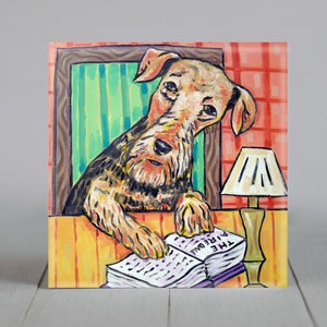 airedale terrier - dog artwork - librarian decor - ceramic coaster tile - animal decor - reading dog - modern folk - dog lover gift