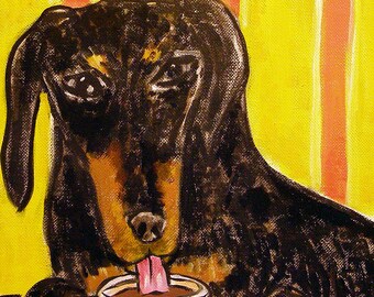black and tan dachshund at the coffee shop dog art print on stretched canvas
