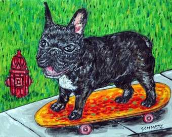 bulldog art - french bulldog, dog art PRINT, 13x19,modern dog art, skateboarding, gift, french bulldog PRINT, poster, pop art