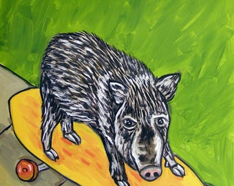 Javelina skateboarding - animal art print - home decor