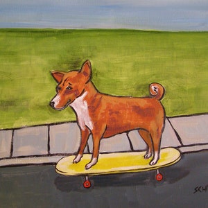 basenji print - basenji riding a skateboard dog art print - home decor