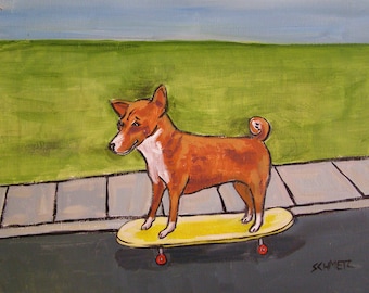 basenji print - basenji riding a skateboard dog art print on ready to hang gallery wrap canvas - home decor