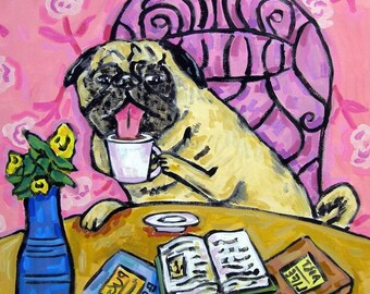 pug at the coffee shop dog art tile coaster gift - multiple sizes