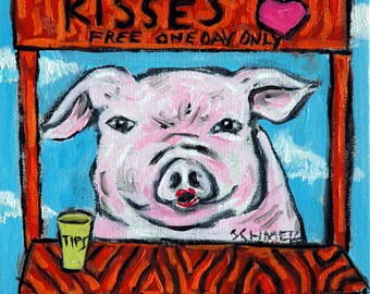 pink pig tile- coaster, pig art, pig tile, gift, modern folk art, kissing booth, kiss a pig,pop art