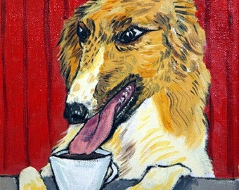 Borzoi at the coffee shop dog art tile coaster gift - mulytple sizes available