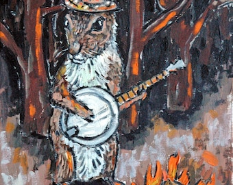 SQUIRREL banjo, animal decor canvas print, grey squirrel art print