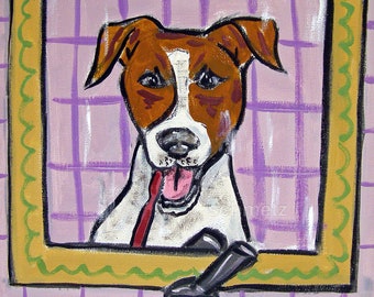 jack russell flossing dog art print - stretchedcanvas or paper print - multiple sizes