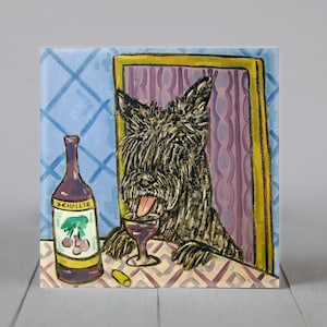 scottish terrier at the wine bar - dog art - tile coaster - animal lover gift