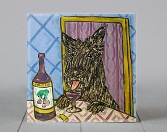 scottish terrier at the wine bar - dog art - tile coaster - animal lover gift