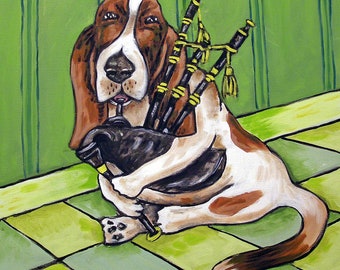 basset hound playing bagpipes - dog art - tile coaster - animal lover gift
