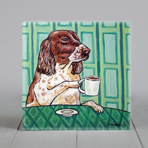 english springer spaniel art - dog lover gifts - coffee dcor - cafe art - coaster tiles - ceramic square artwork