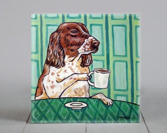 english springer spaniel art - dog lover gifts - coffee dcor - cafe art - coaster tiles - ceramic square artwork
