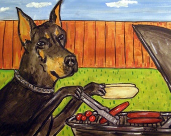 Doberman pinscher at the cook out dog art print on ready to hang gallery wrapped canvas - multiple size home decor