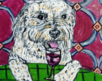 WINE Art coaster tile gift JSCHMETZ modern folk pattern GOLDEN doddle dog