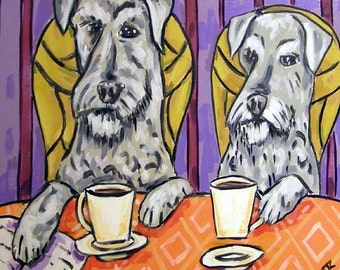 schnauzer at the coffee shop = dog art - tile coaster - gift