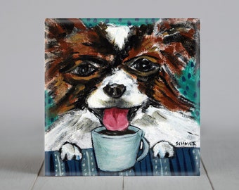 papillon at the coffee shop dog art tile coaster gift - multiple sizes available