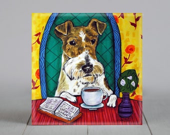 fox terrier at the coffee shop - dog art - tile coaster - animal lover gift -home decor