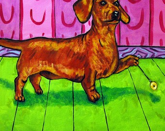 dachshund with a yo yo - dog art - tile coaster - gift
