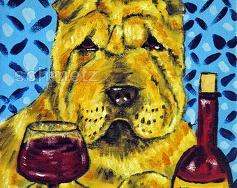 shar pei wine art decor - 13x19 - matte or glossy - birthday gift, mothers day, fathers day, christmas gift