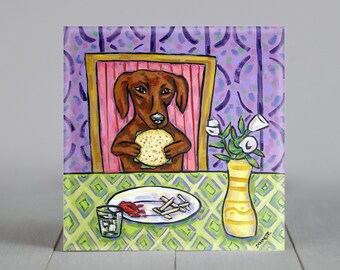 dachshund eating a burger art dog coaster tile gift - multple sizes available