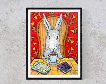 Bunny at the coffee shop art print on stretched canvas