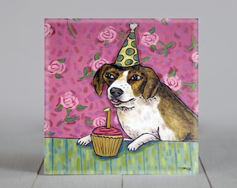 Beagle birthday - dog art - tile coaster - animal decor - gift