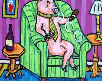 Lounge Pig Animal Art coaster tile Gift pink pig MODERN folk pop JSCHMETZ