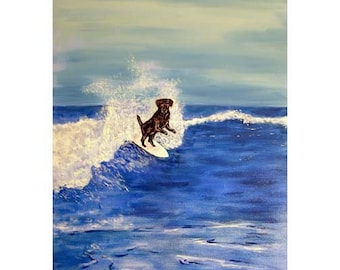 Black Labrador Retriever Surfing Art Print