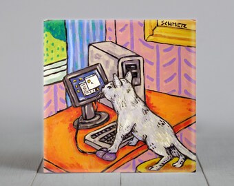 cat working from home artwork tile coaster decor gift animal  lover art