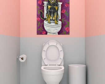 Rottweiler in the Bathroom dog art print on gallery wrap canvas or paper print