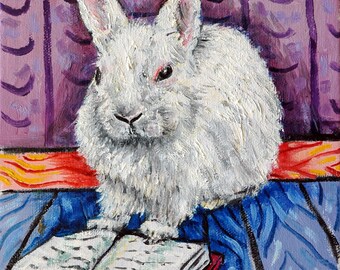 bunny rabbit reading - art tile coaster - animal decor - home decor - gift