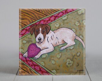 Jack Russell Terrier with Heart Toy Dog art tile coaster