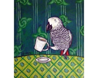 African Grey Parrot at the Coffee Shop Cafe Bird Art print