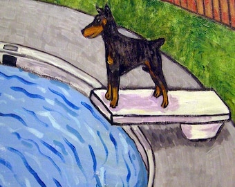 Doberman at the Pool Dog Art coaster tile Gift