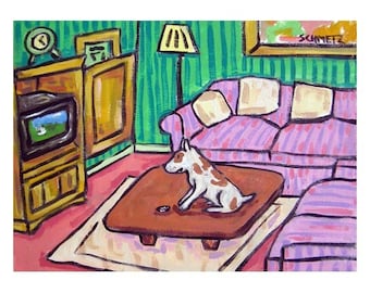 Pit Bull Terrier Watching Television Dog Art Print  JSCHMETZ modern abstract folk pop art american ART GIFT