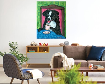 australian shepherd  "at the Coffee Shop" dog art print onready to hang gallery wrap canvas