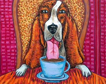 Basset hound at the coffee shop - dog art - print - gift - dog decor