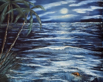 Beach at night seascape coastal home decor coaster tile