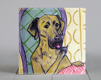 Great Dane Talking on a Cell Phone Dog art tile coaster - multiple sizes available