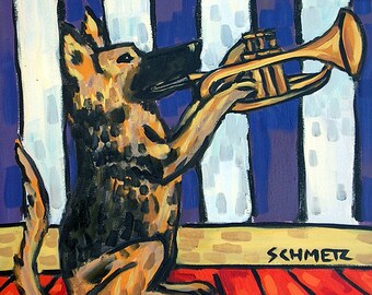 german shepherd playing trumpet - dog art - tile coaster - gift